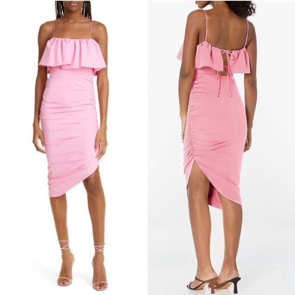 NWT Cinq a Sept Christa Ruffle Asymmetric Ruched Dress Flamingo Pink Sz 0